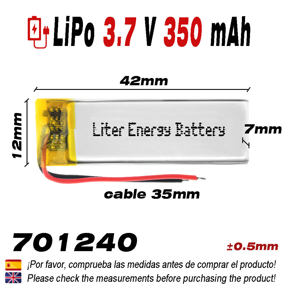 Batería 701240 LiPo 3.7V 350mAh 1.295Wh 1S 5C Liter Energy Battery para Electrónica Recargable teléfono portátil vídeo smartwatch reloj GPS - No Apta para Radio Control 32x12x7mm (350mAh|701240)