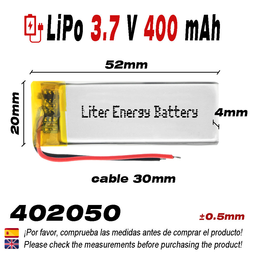 Batería 402050 LiPo 3.7V 400mAh 1.48Wh 1S 5C Liter Energy Battery para Electrónica Recargable teléfono portátil vídeo smartwatch reloj GPS - No Apta para Radio Control 52x20x4mm (400mAh|402050)