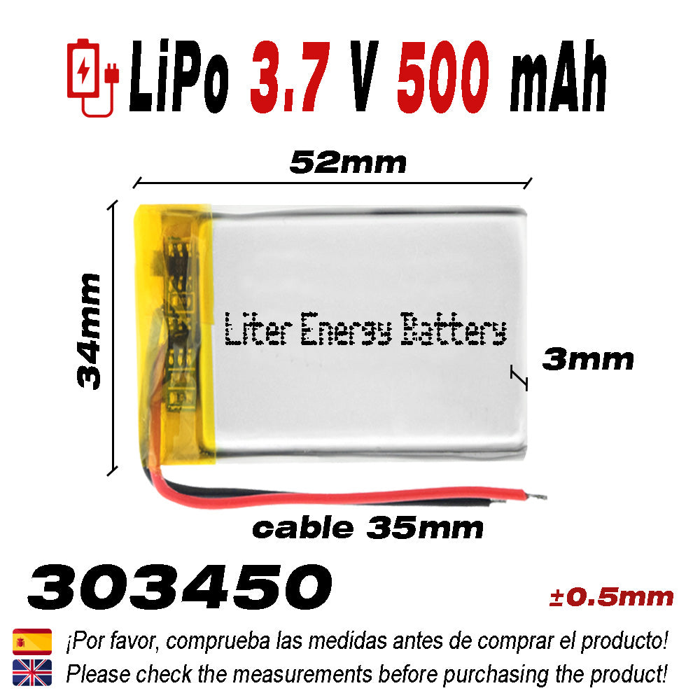 BATERÍA 303450 LiPo 3.7V 500mAh 1S teléfono portátil vídeo mp3 mp4 luz led gps