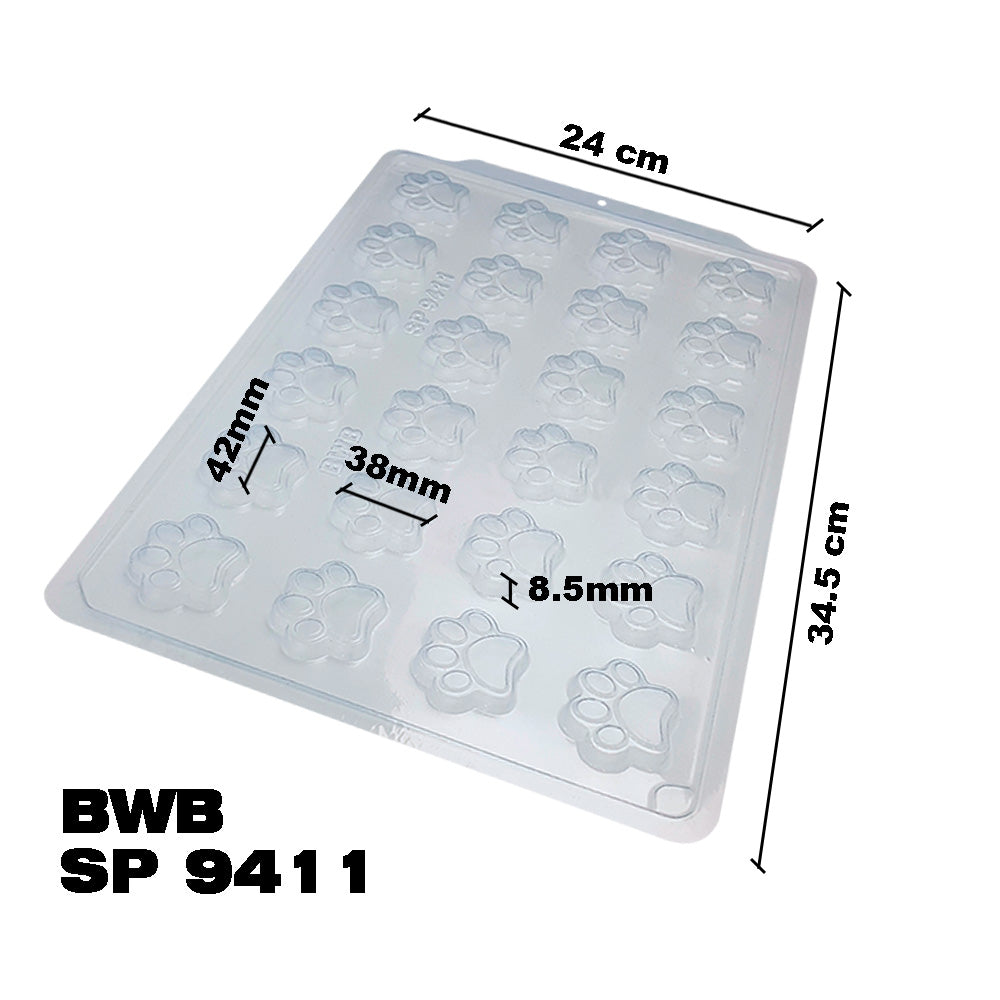 BWB SP 9411 Molde Semiprofesional Pata perro Trufas y bombones para chocolate caliente Forma Simple de 24 Cavidades de 11g Plástico PET Transparente Tridimensional Accesorios y utensilios