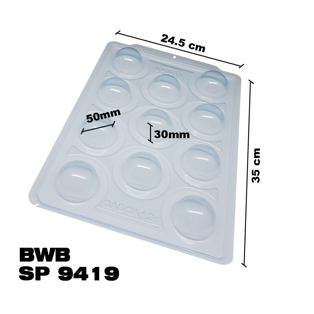 BWB SP 9419 Molde Semiprofesional 3 partes Sfera 50mm para chocolate caliente 11 Cavidades 12-80g de Plástico PET Tridimensional Accesorios y utensilios de reposteria